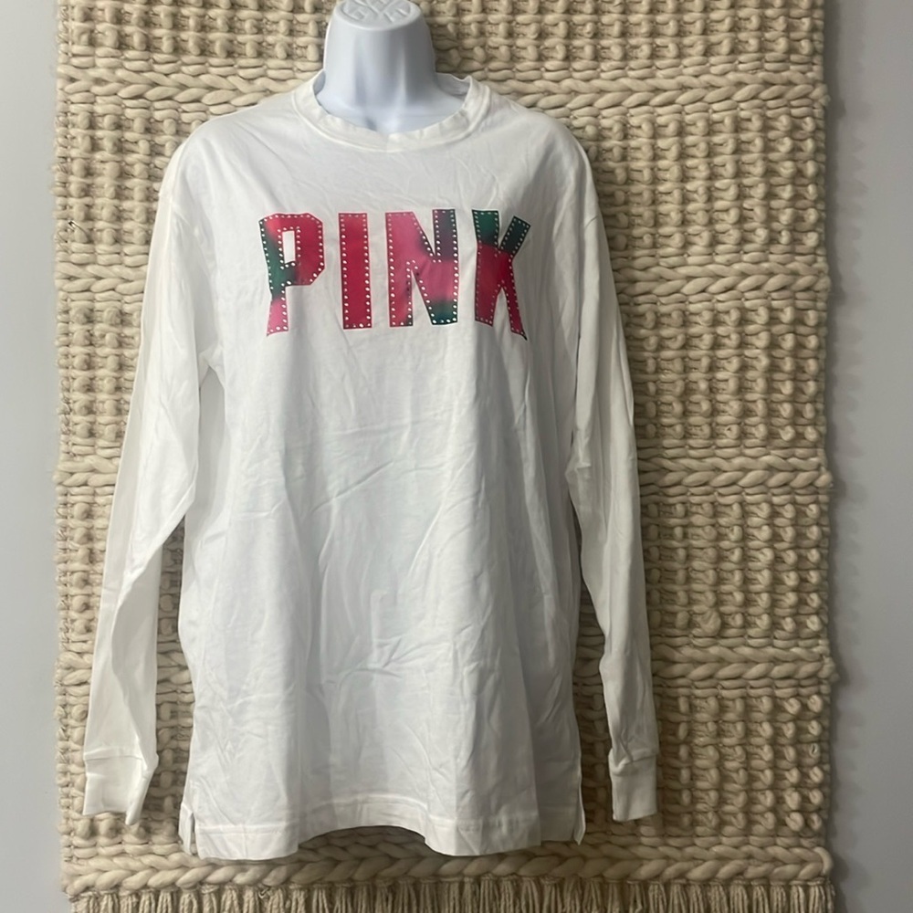 Victoria's Secret Pink Cotton Campus Long Sleeve Oversize Crew Ne…